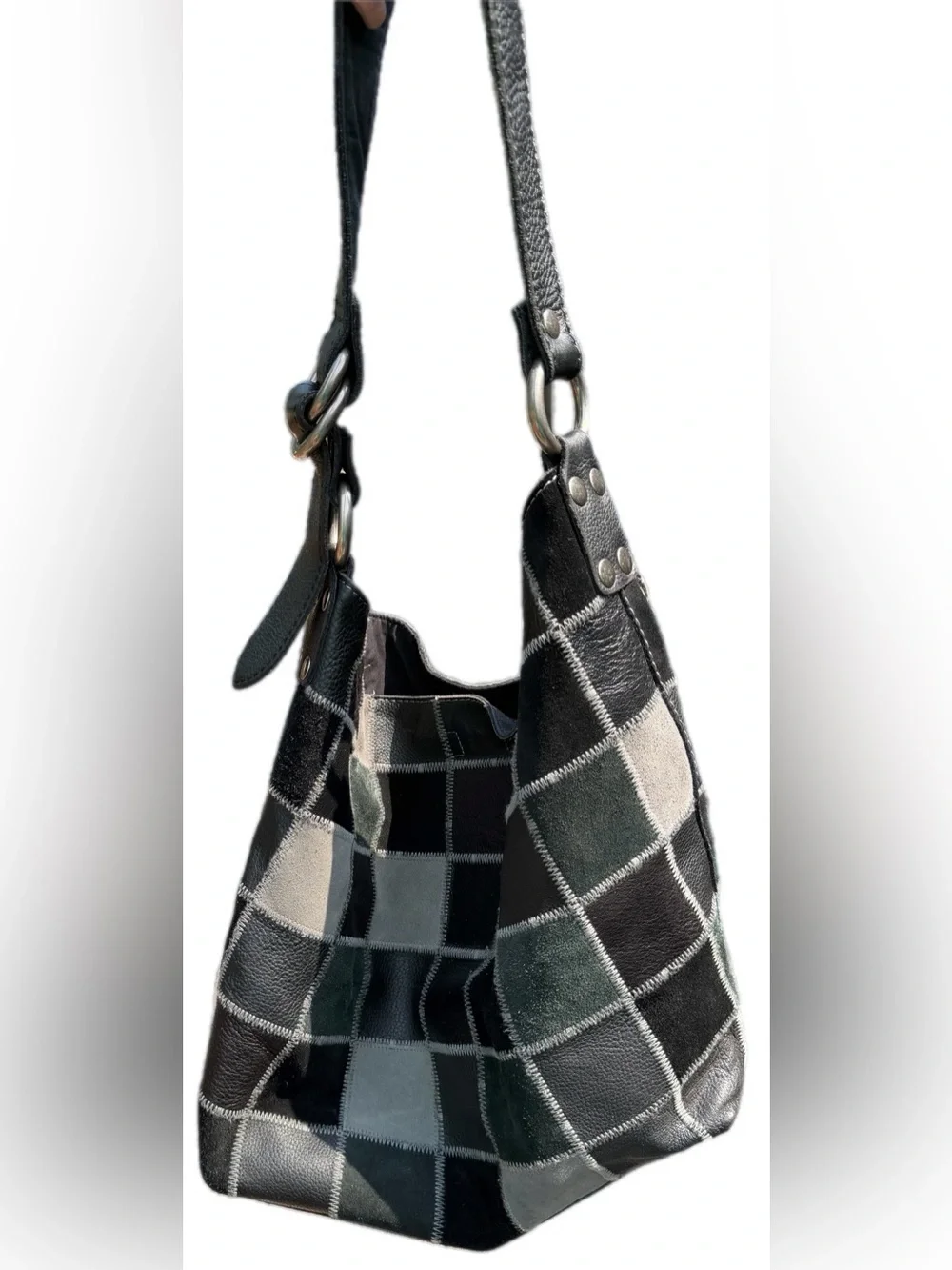 Lucky Brand Black Gray Patchwork Leather Suede Hobo Shoulder Bag Boho Y2K